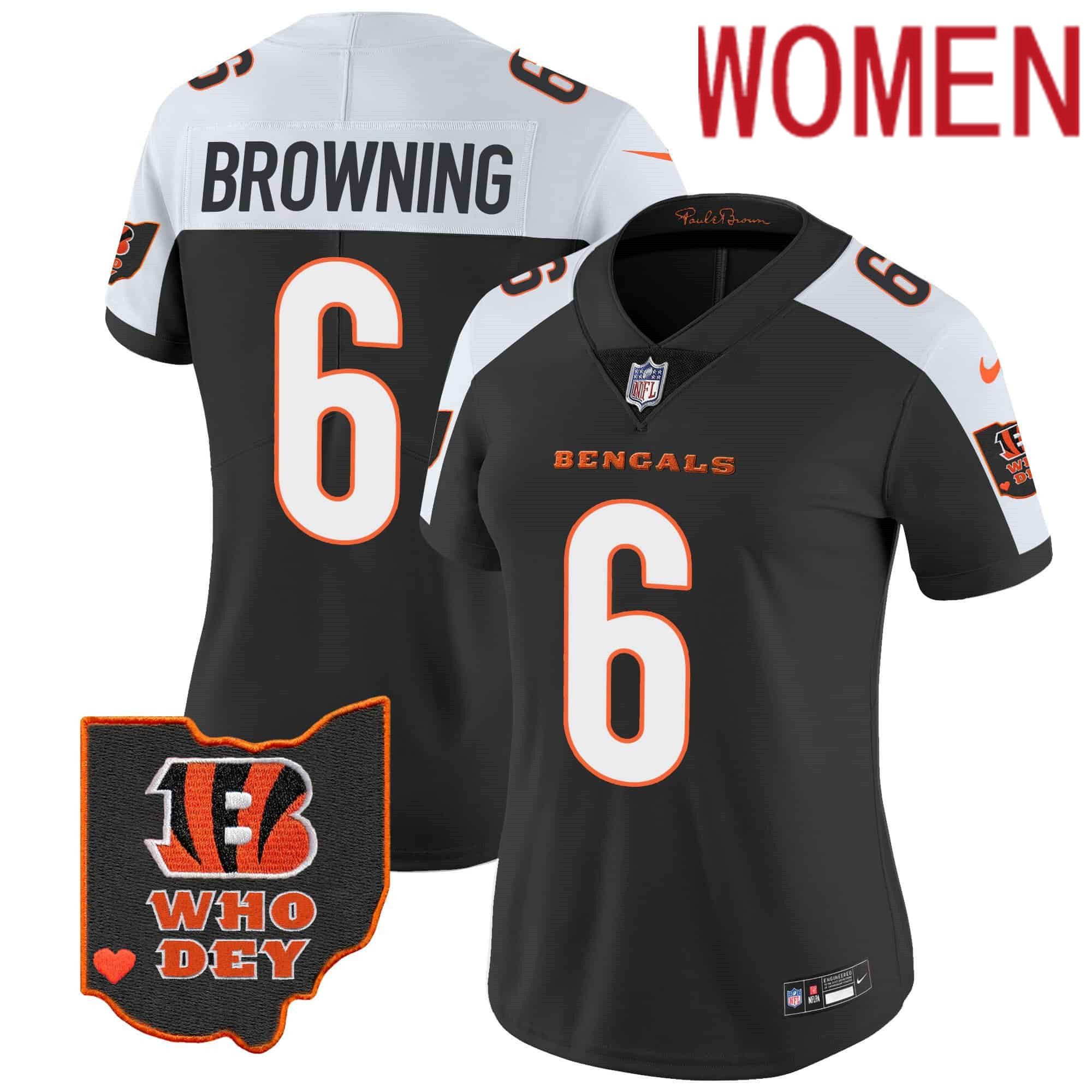 Women Cincinnati Bengals #6 Browning Black 2024 Nike Patch Vapor Limited NFL Jersey